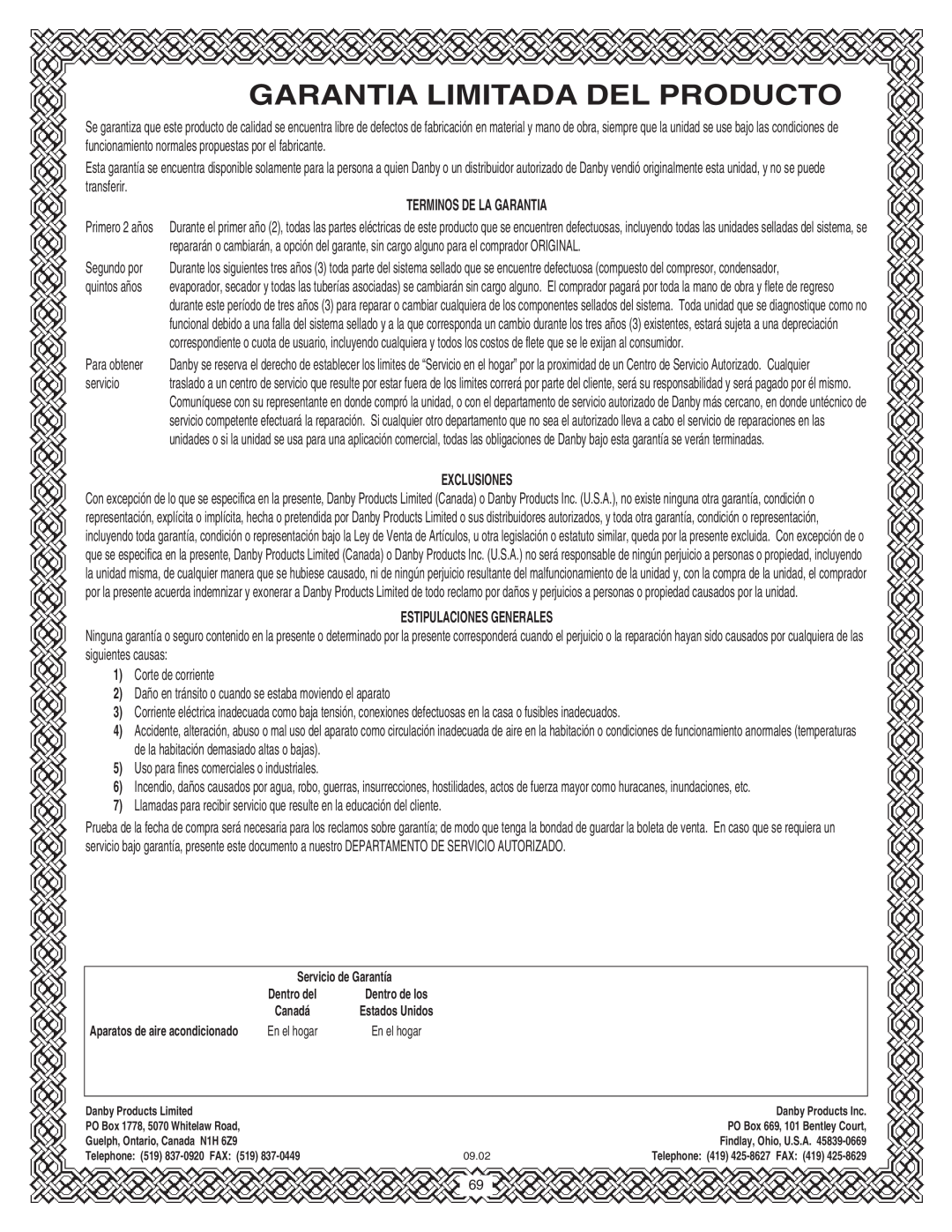 Danby SPAC8499 manual Garantia Limitada Del Producto, Terminos De La Garantia, Exclusiones, Estipulaciones Generales 