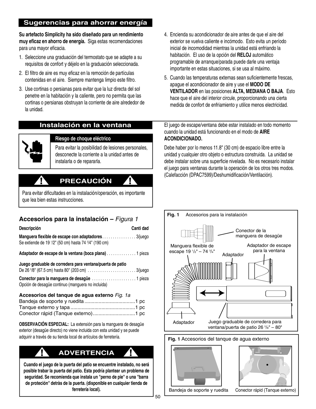 Danby SPAC8499 manual Sugerencias para ahorrar energía, Instalación en la ventana, Precaución, Advertencia, Acondicionado 
