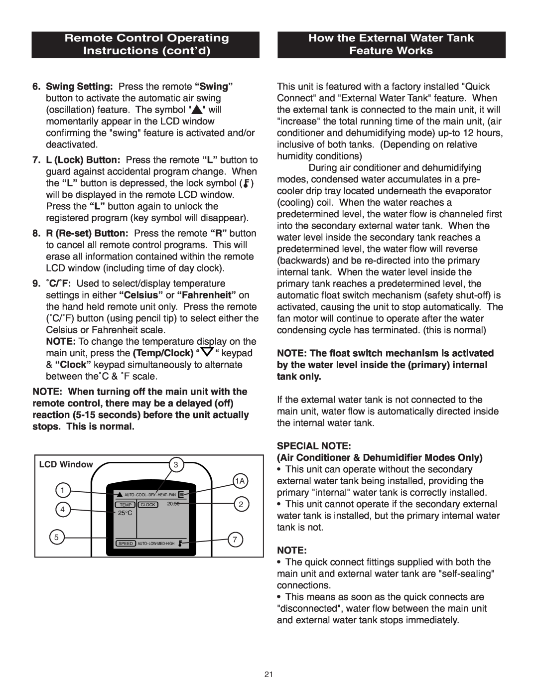 Danby SPAC8499 Remote Control Operating, How the External Water Tank, Instructions cont’d, Feature Works, Special Note 