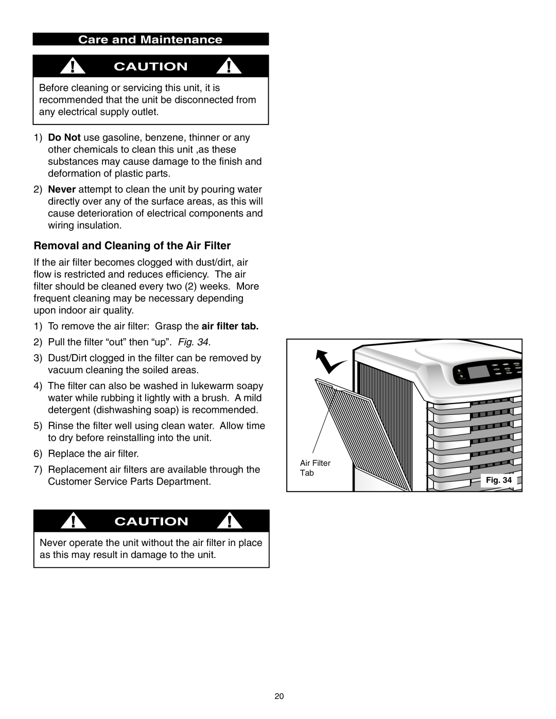 Danby SPAC8499 manual Care and Maintenance, Removal and Cleaning of the Air Filter 