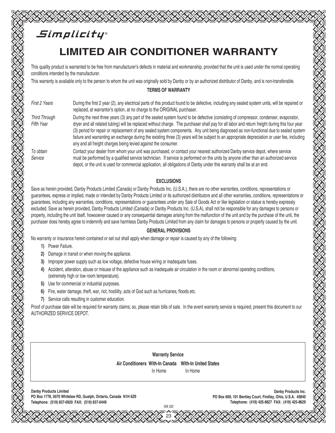 Danby SPAC8499 Limited Air Conditioner Warranty, Terms Of Warranty, First 2 Years, Third Through, Fifth Year, To obtain 