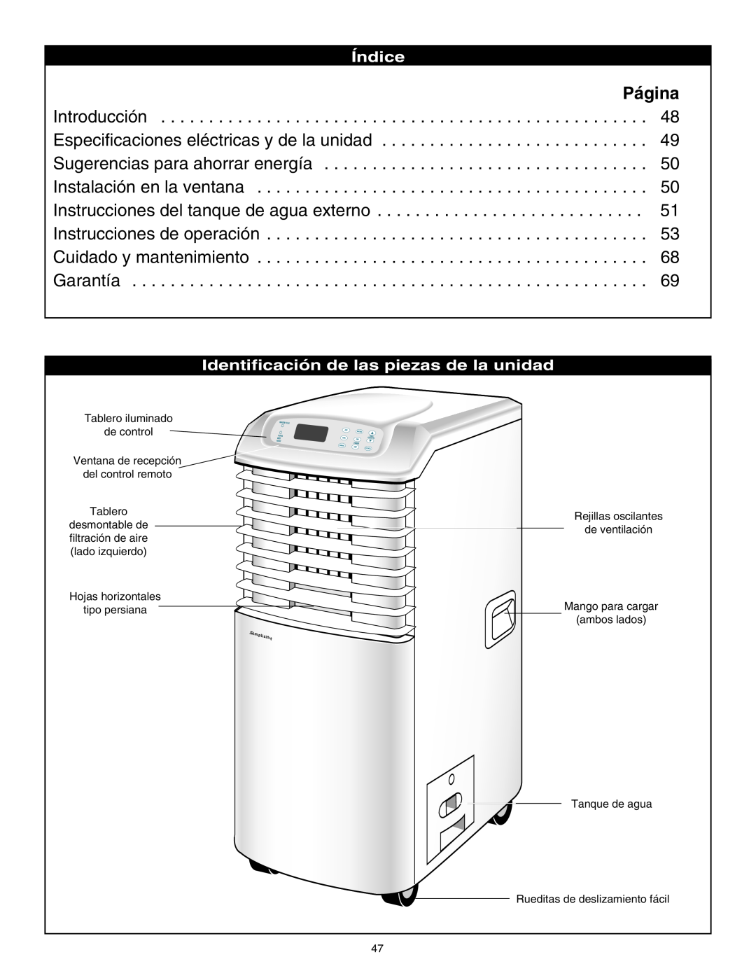 Danby SPAC8499 manual Página, Índice, Identificación de las piezas de la unidad 