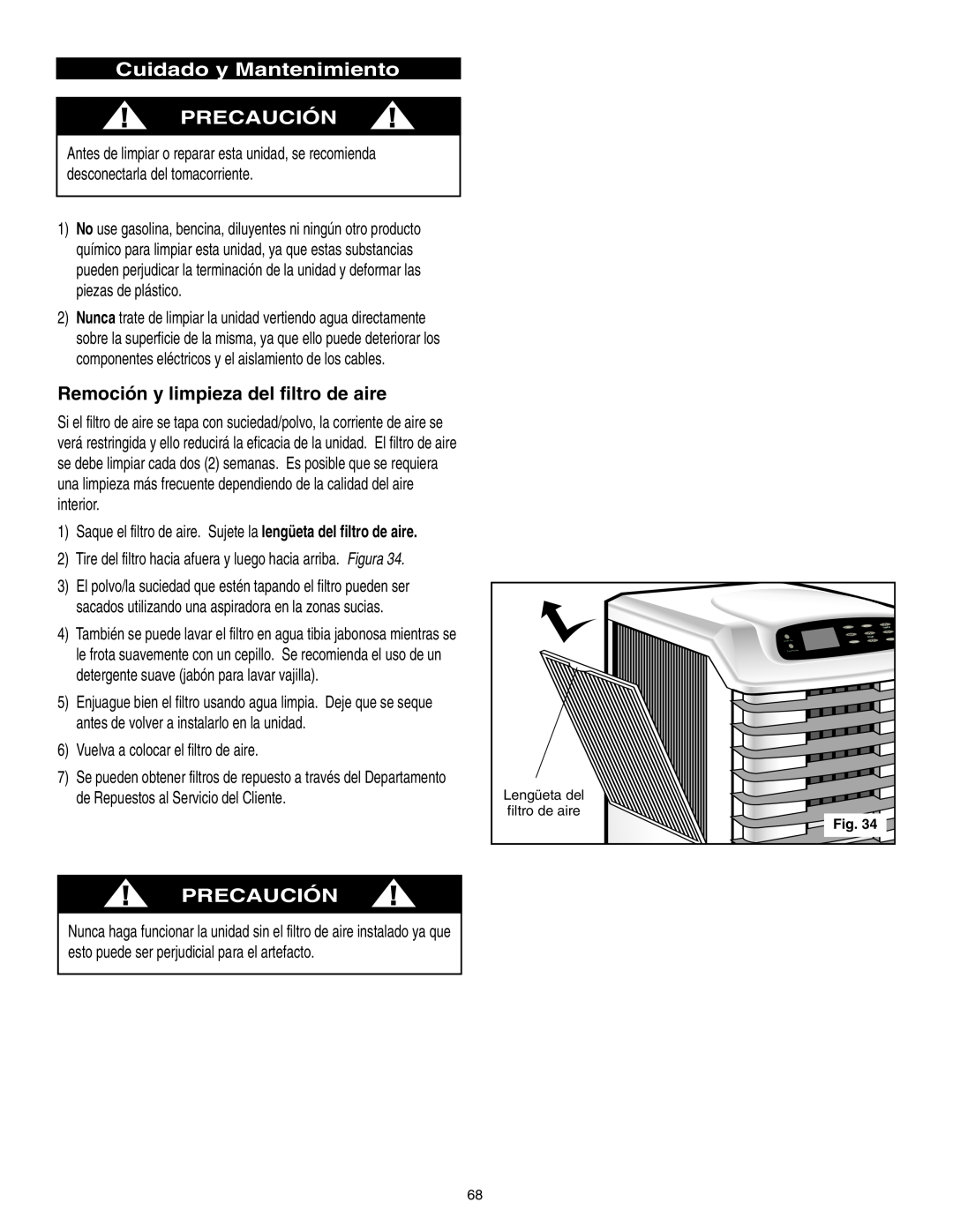 Danby SPAC8499 manual Cuidado y Mantenimiento PRECAUCIÓN, Remoción y limpieza del filtro de aire, Precaución 