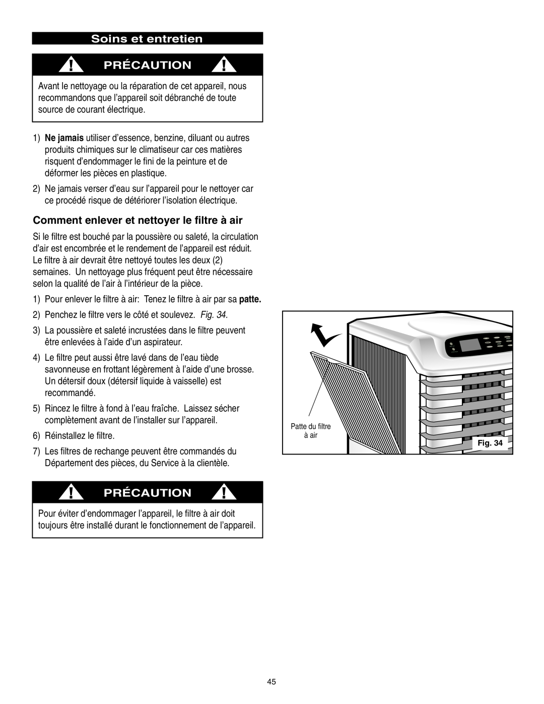 Danby SPAC8499 manual Soins et entretien PRÉCAUTION, Comment enlever et nettoyer le filtre à air, Précaution 