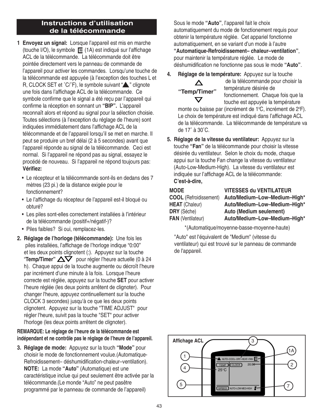Danby SPAC8499 Instructions d’utilisation de la télécommande, “Temp/Timer”, Vérifiez, C’est-à-dire, Mode, HEAT Chaleur 