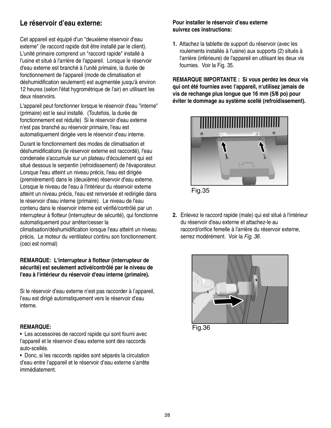 Danby SPAC8499 manual Le réservoir d’eau externe, Remarque 