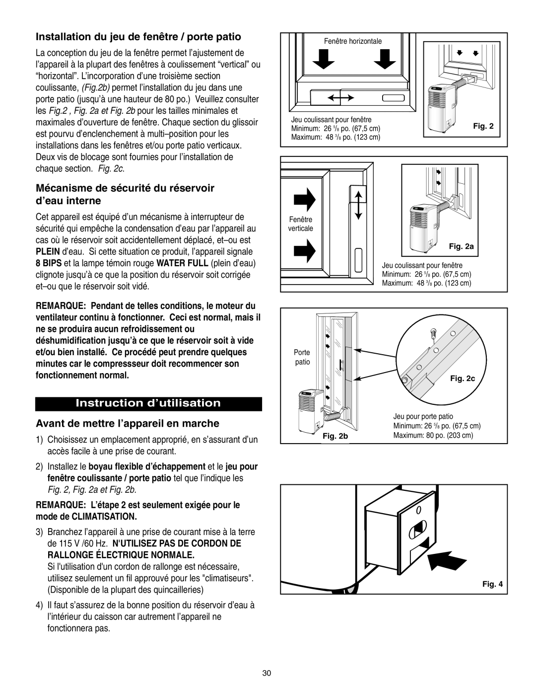 Danby SPAC8499 manual Installation du jeu de fenêtre / porte patio, Mécanisme de sécurité du réservoir d’eau interne 