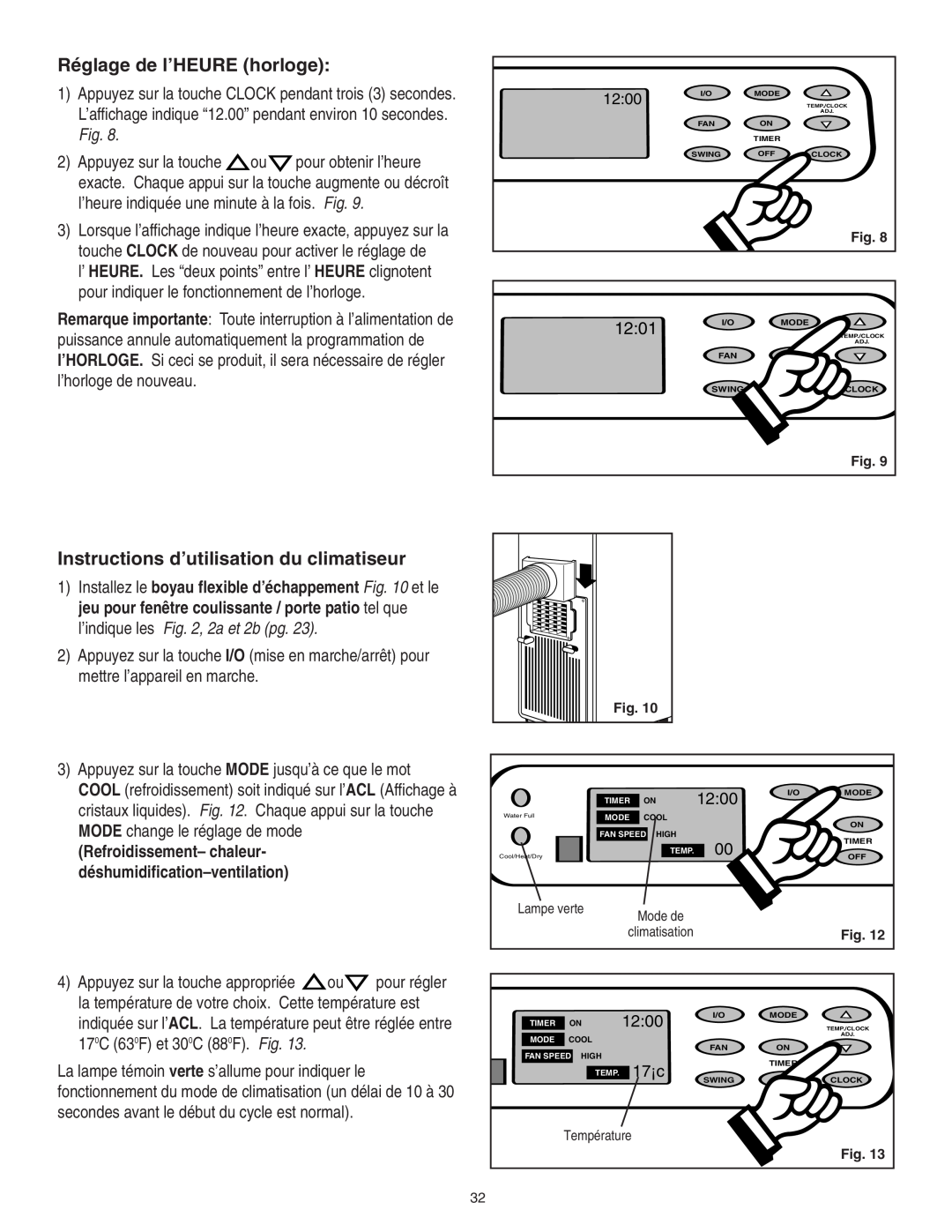 Danby SPAC8499 manual Réglage de l’HEURE horloge, Instructions d’utilisation du climatiseur, 12:01, 12:00, 17¡c 