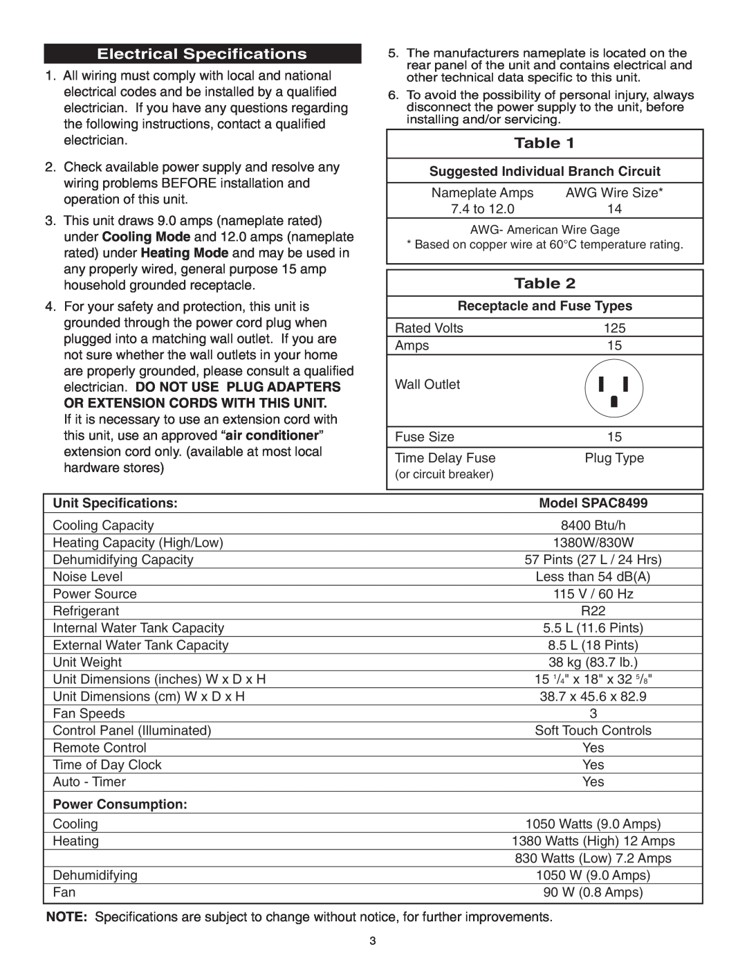 Danby manual Electrical Specifications, Table, Suggested Individual Branch Circuit, Unit Specifications, Model SPAC8499 