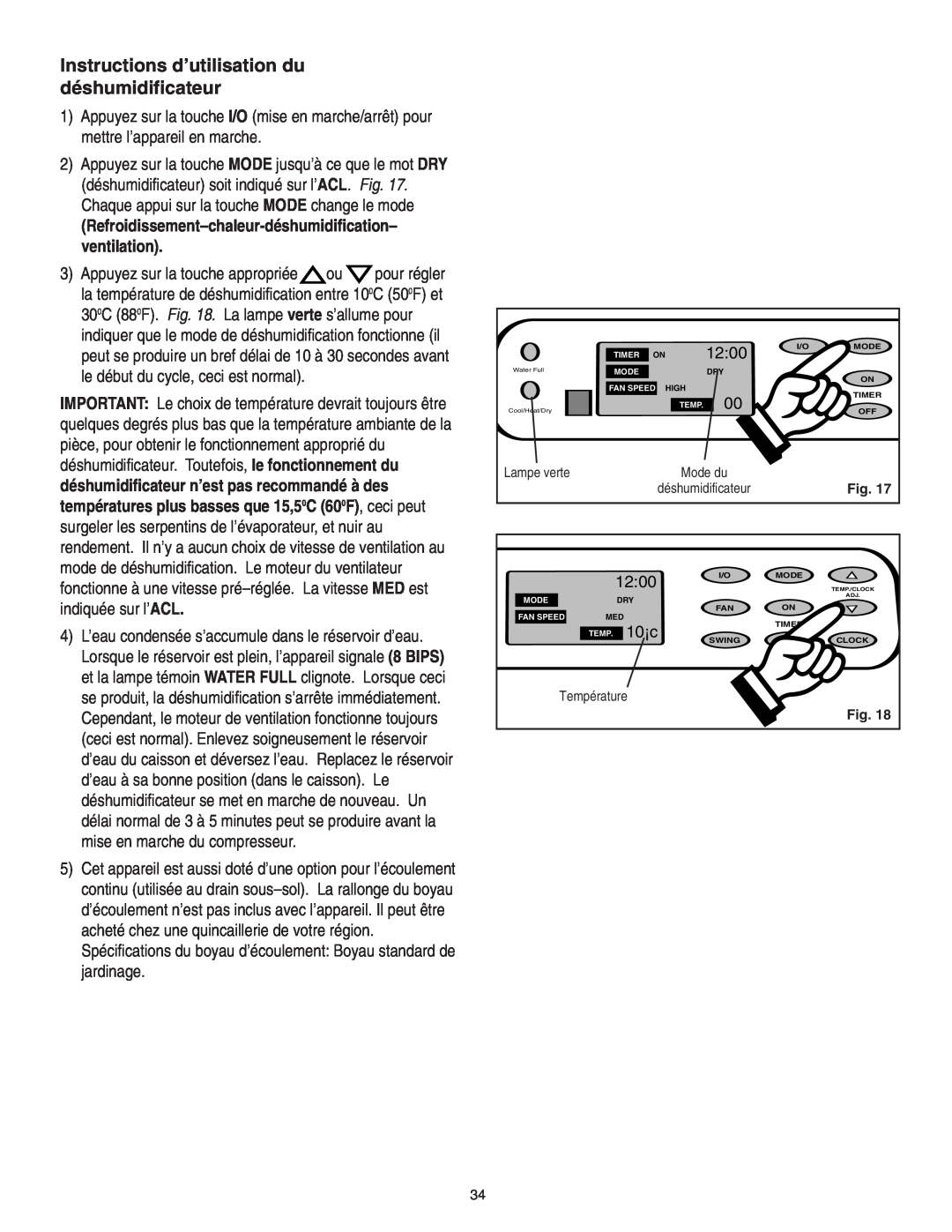 Danby SPAC8499 manual Instructions d’utilisation du déshumidificateur, 10¡c, Mode du, Fig, Température 