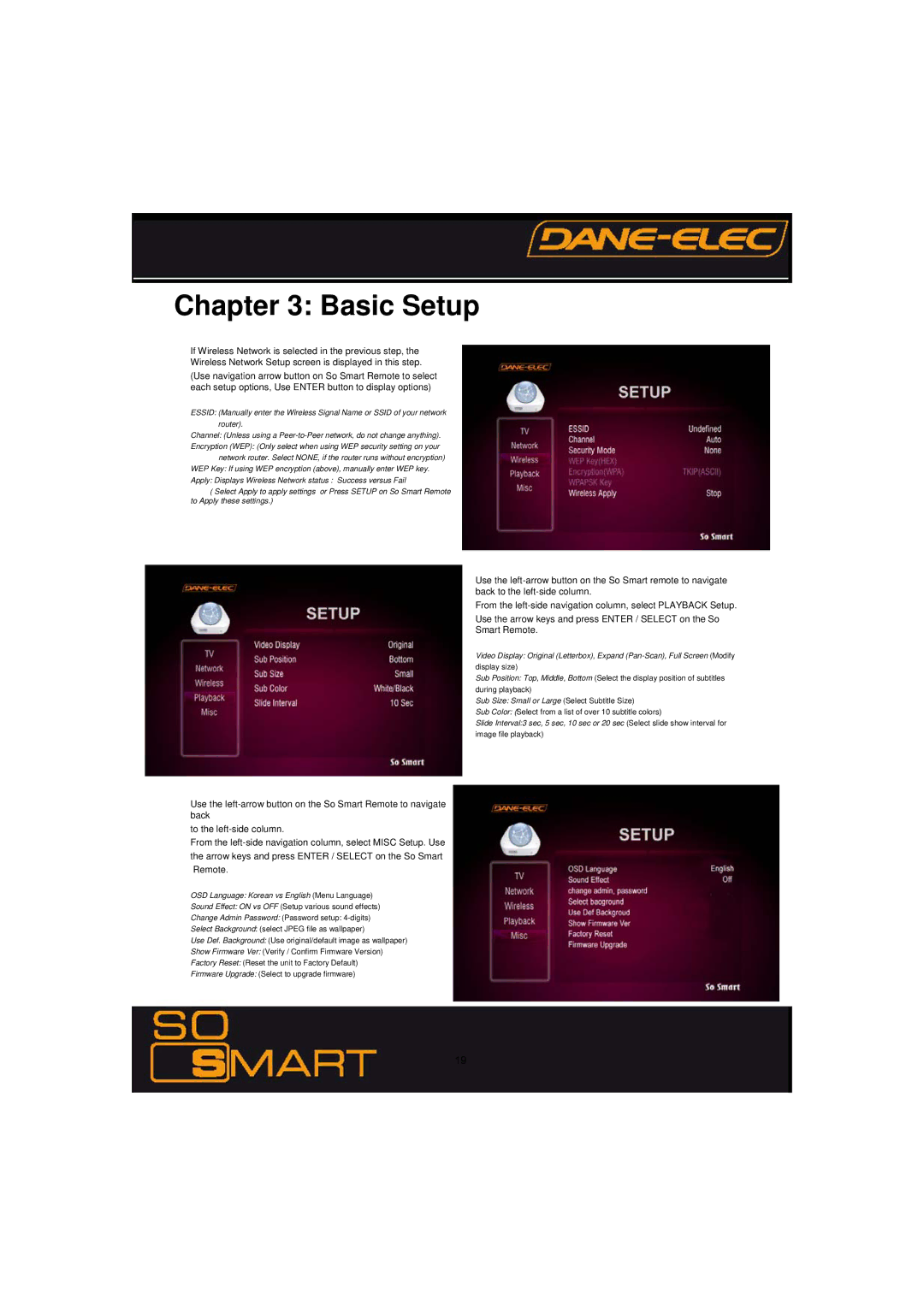 Dane-Elec Memory 802.11 manual OSD Language Korean vs English Menu Language 