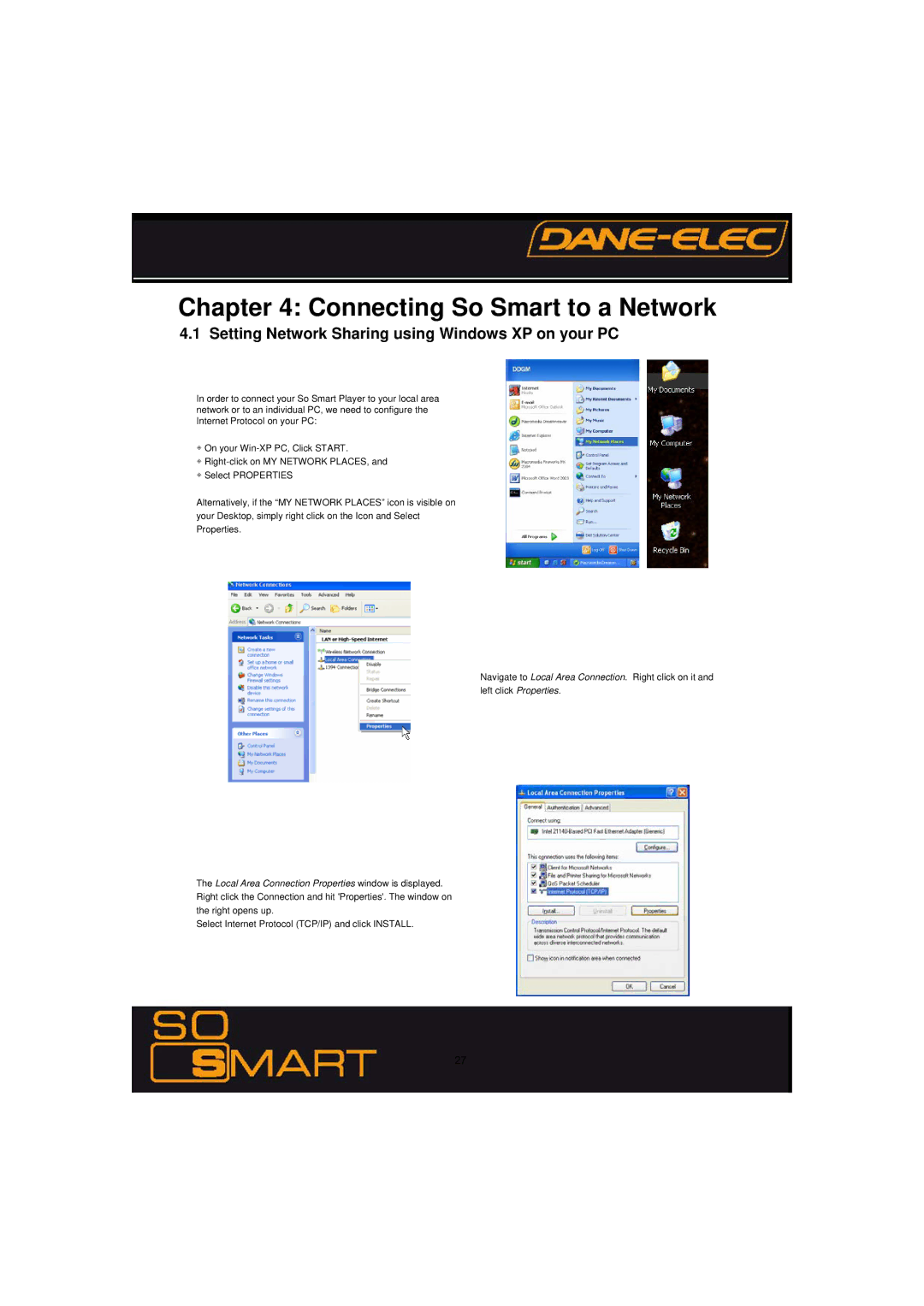 Dane-Elec Memory 802.11 manual Connecting So Smart to a Network, Setting Network Sharing using Windows XP on your PC 