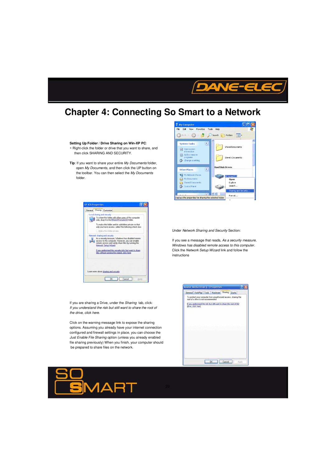 Dane-Elec Memory 802.11 manual Setting Up Folder / Drive Sharing on Win-XP PC, Under Network Sharing and Security Section 