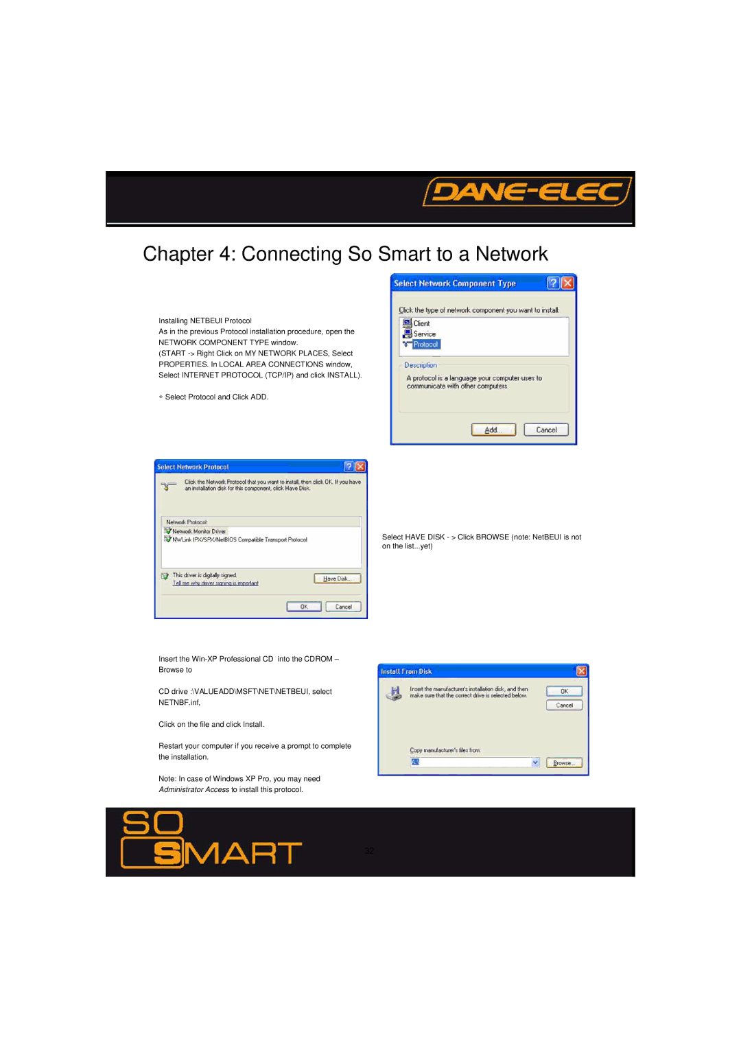 Dane-Elec Memory 802.11 manual Installing Netbeui Protocol, CD drive \VALUEADD\MSFT\NET\NETBEUI, select NETNBF.inf 