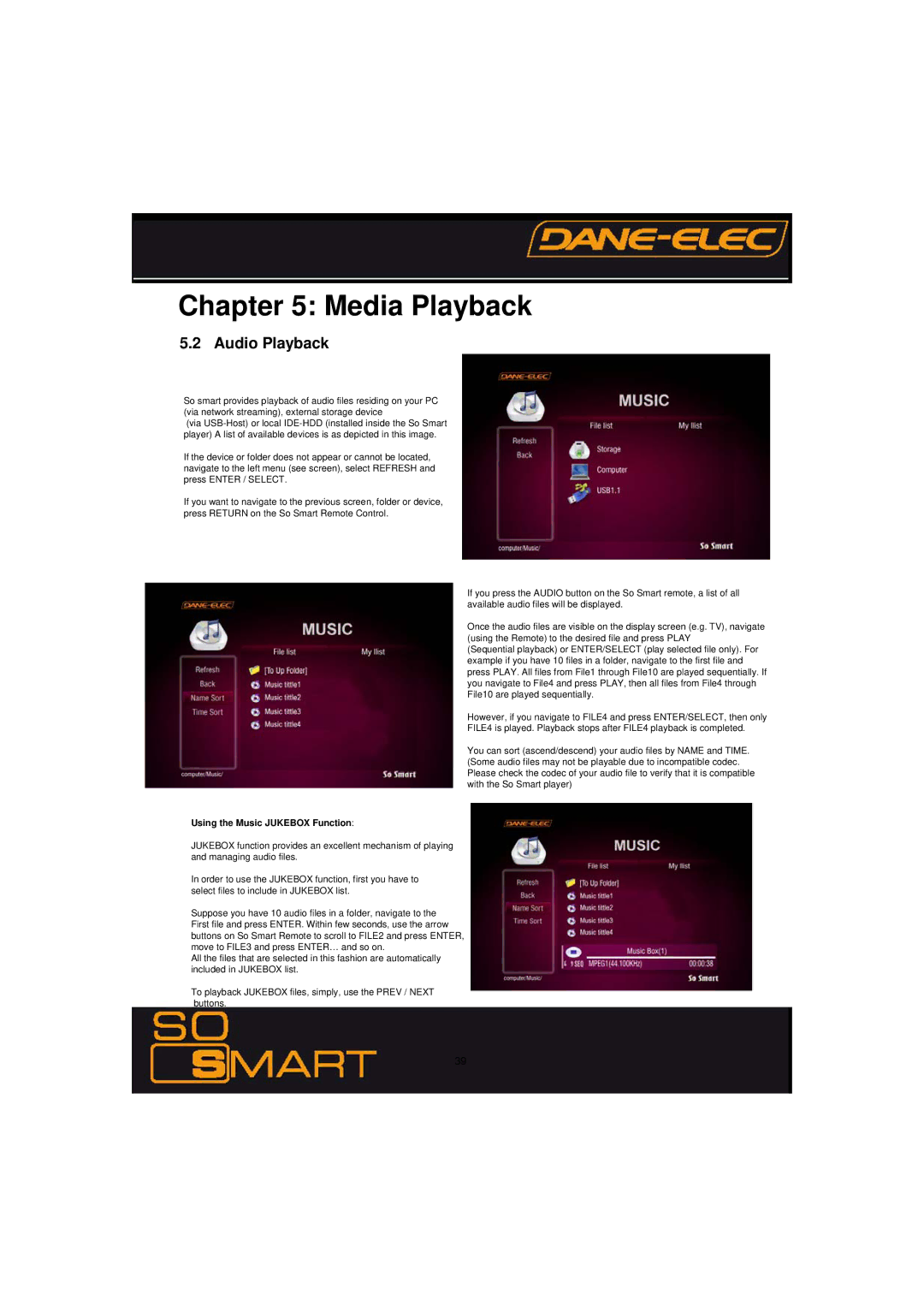 Dane-Elec Memory 802.11 manual Audio Playback, Using the Music Jukebox Function 