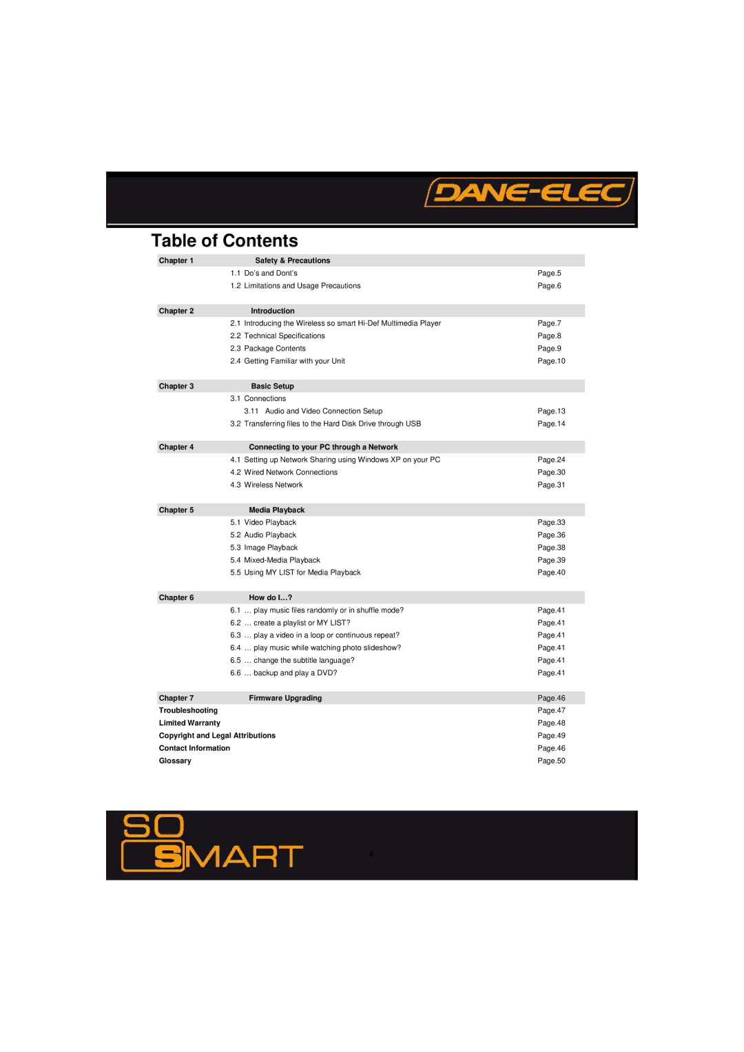 Dane-Elec Memory 802.11 manual Table of Contents 