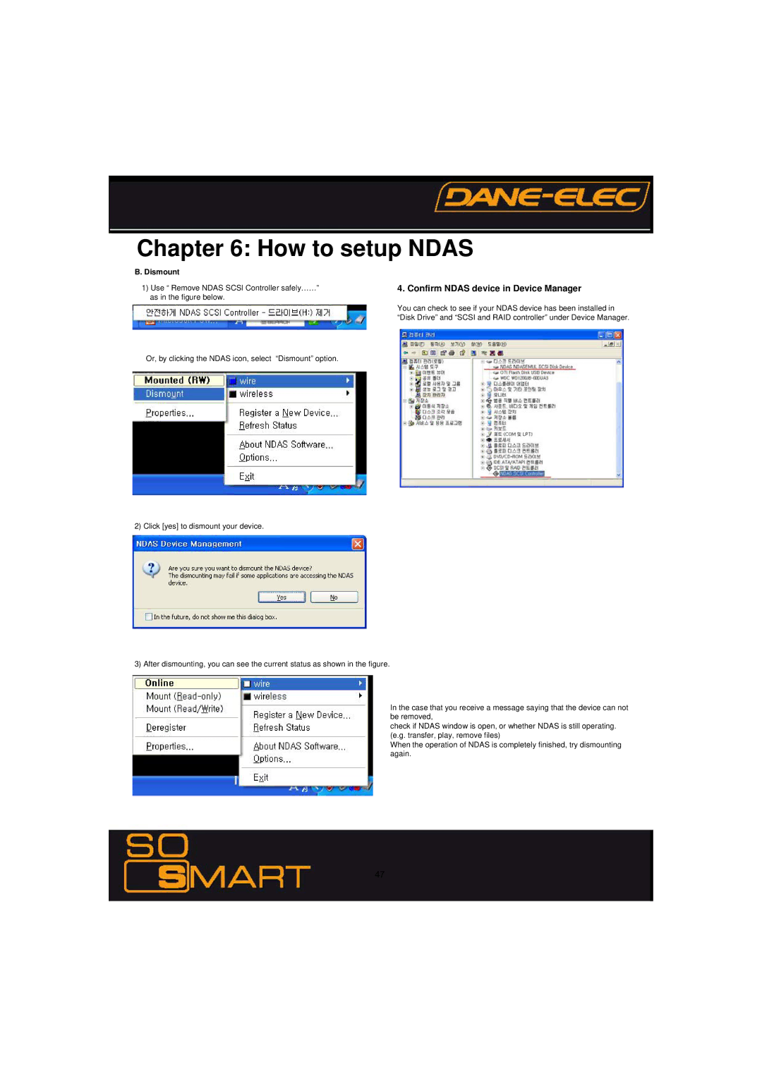 Dane-Elec Memory 802.11 manual Confirm Ndas device in Device Manager, Dismount 