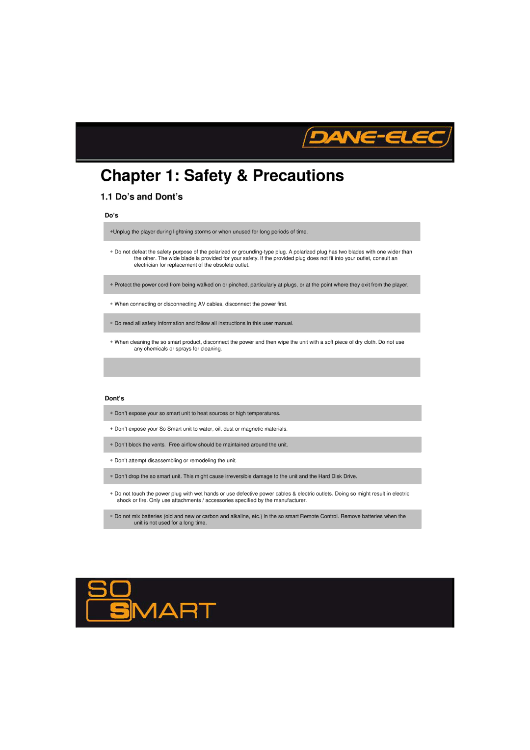 Dane-Elec Memory 802.11 manual Safety & Precautions, Do’s and Dont’s 