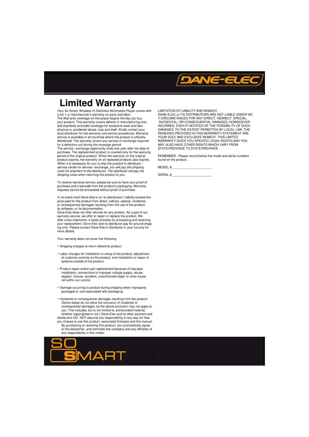 Dane-Elec Memory 802.11 manual Limited Warranty, Limitation of Liability and Remedy 