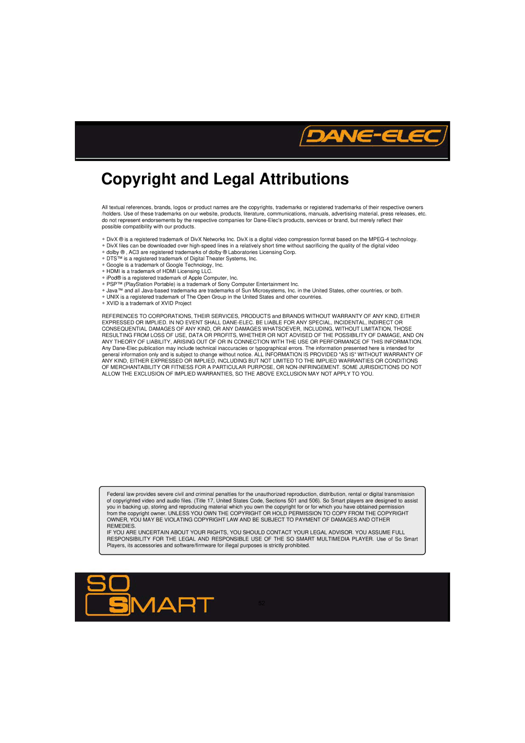 Dane-Elec Memory 802.11 manual Copyright and Legal Attributions 