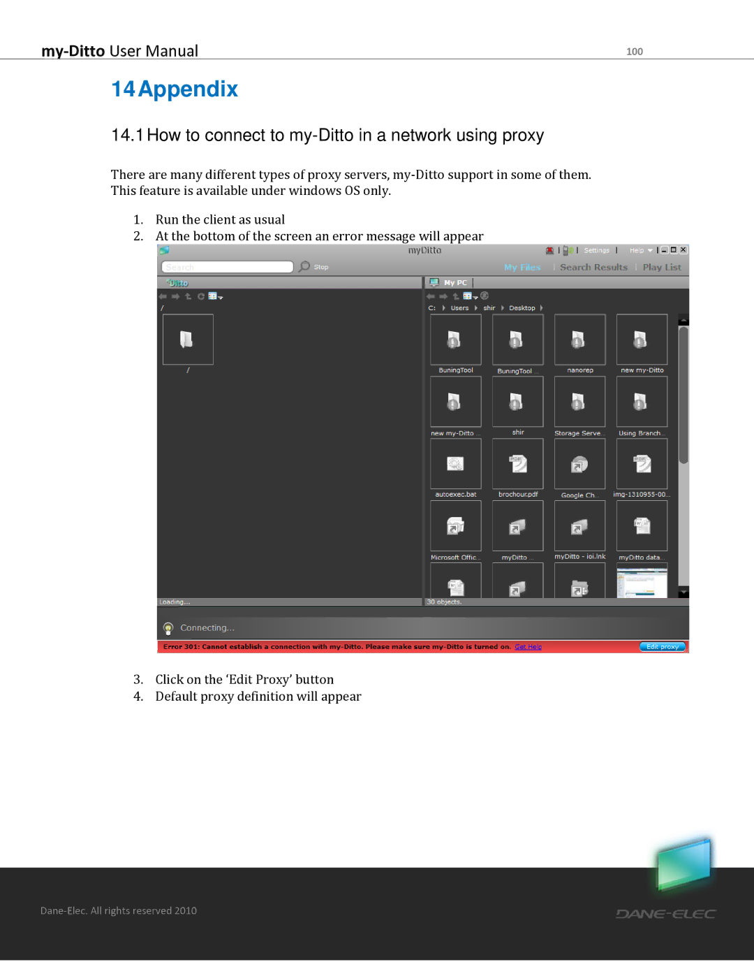 Dane-Elec Memory MD-H101T1E23S user manual 14Appendix, How to connect to my-Ditto in a network using proxy 