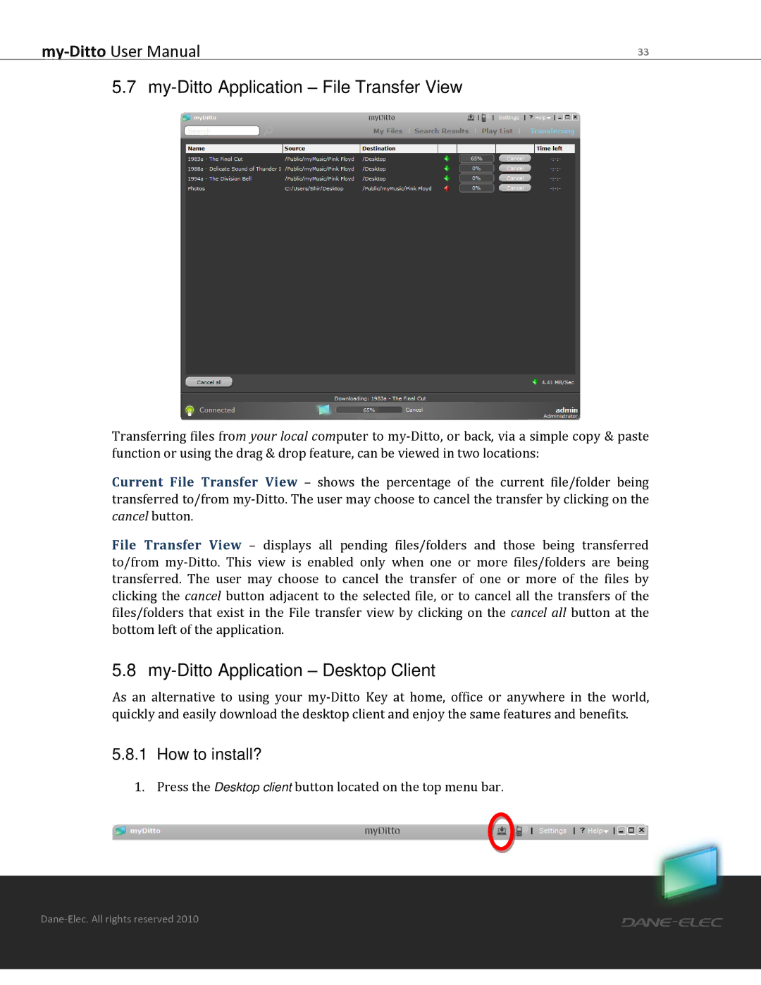 Dane-Elec Memory MD-H101T1E23S user manual My-Ditto Application File Transfer View, My-Ditto Application Desktop Client 