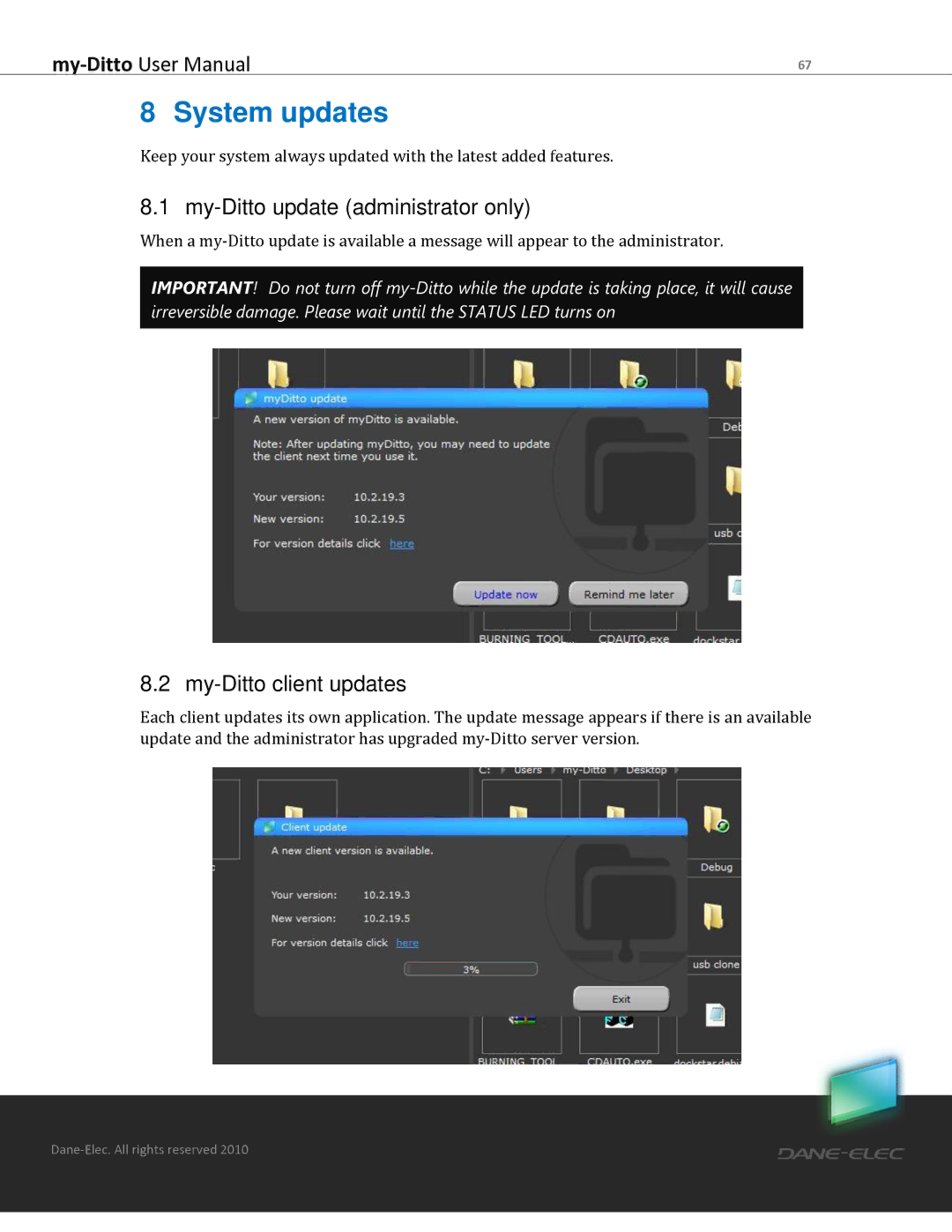 Dane-Elec Memory MD-H101T1E23S user manual System updates, My-Ditto update administrator only, My-Ditto client updates 