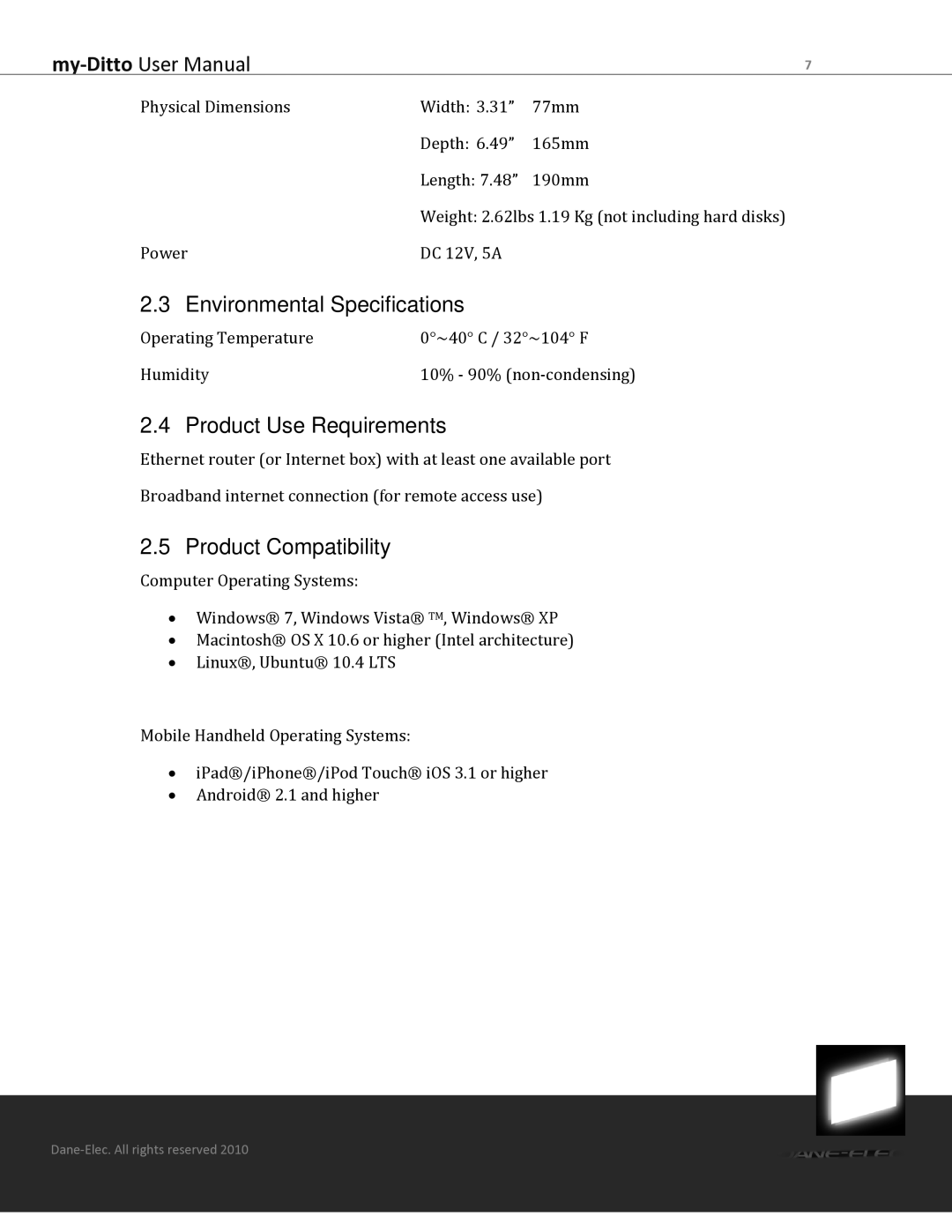 Dane-Elec Memory MD-H101T1E23S user manual Environmental Specifications, Product Use Requirements, Product Compatibility 