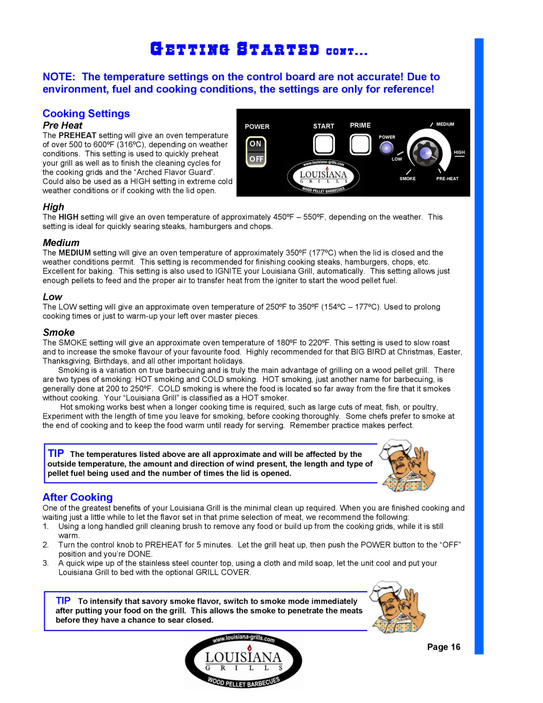 Dansons Group TAILGATER, 680, 570, 450, 1050 manual Cooking Settings 