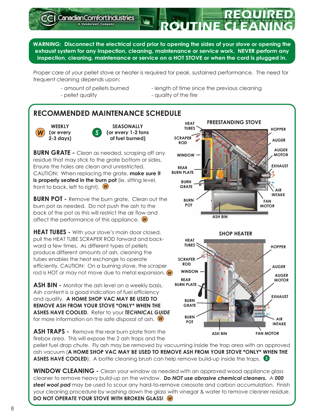 Dansons Group CAN/CSA B365 manual Required Routine Cleaning, Shop Heater, Do not Operate Your Stove with Broken GLASS! W 