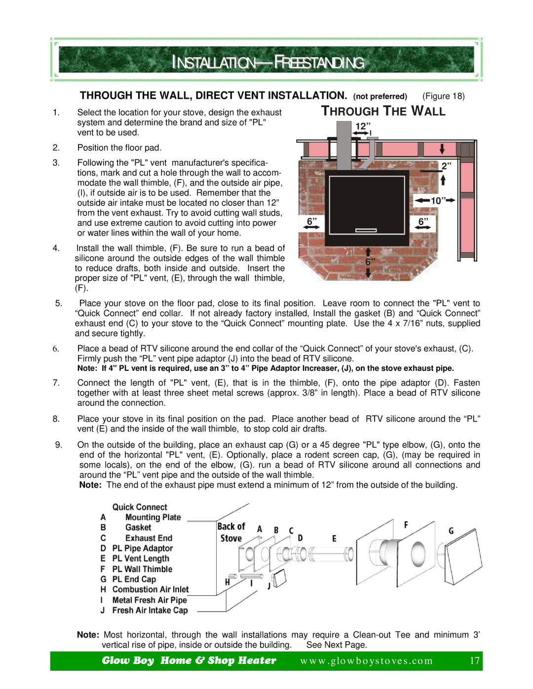 Dansons Group CCGB 1, CCGB 2 manual Installation-Freestanding, Through the Wall 