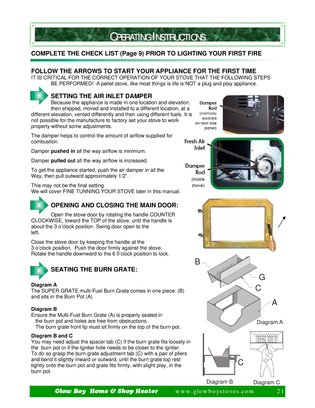 Dansons Group CCGB 1, CCGB 2 manual Operating Instructions, Setting the AIR Inlet Damper, Opening and Closing the Main Door 