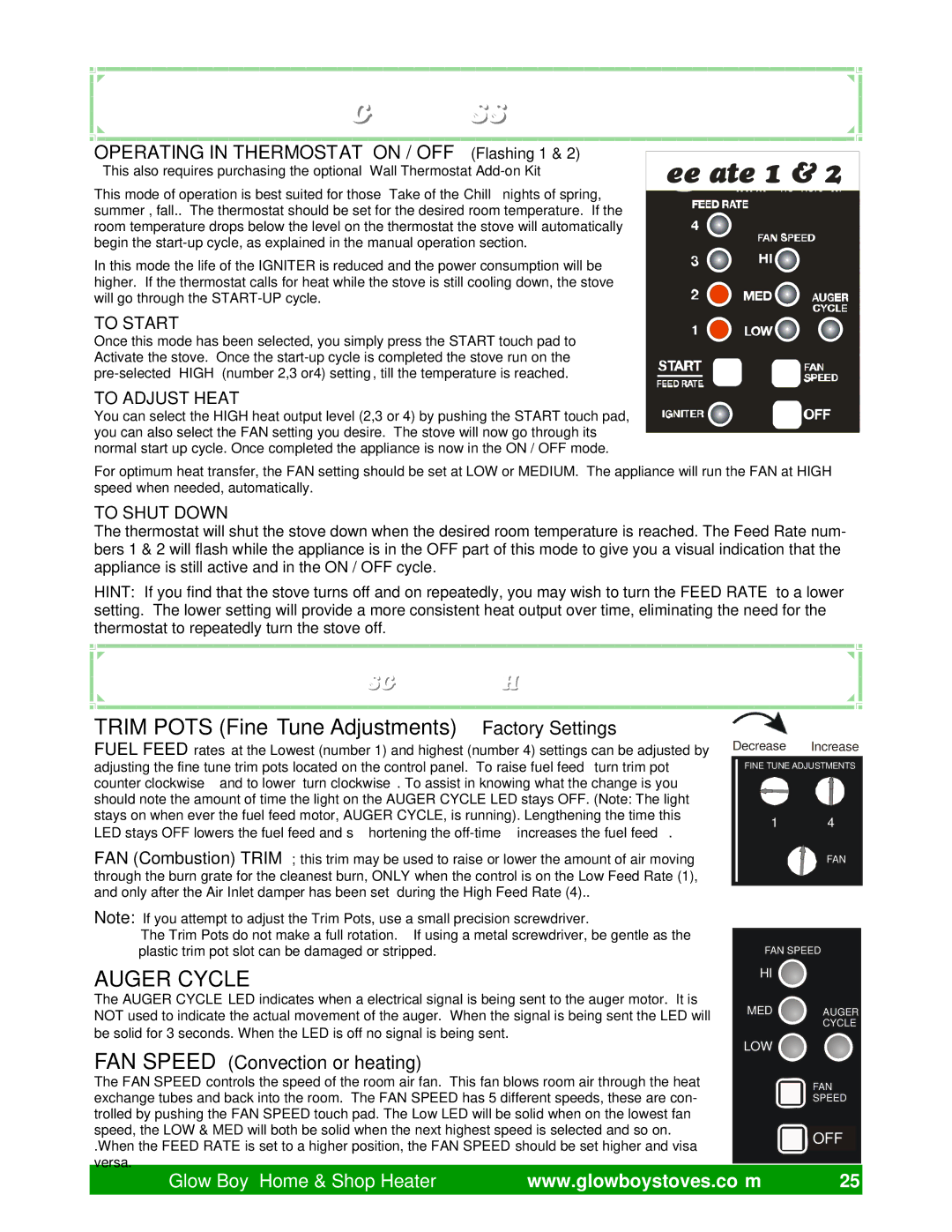 Dansons Group CCGB 1 manual Trim Pots Fine Tune Adjustments- Factory Settings, Auger Cycle, FAN Speed Convection or heating 