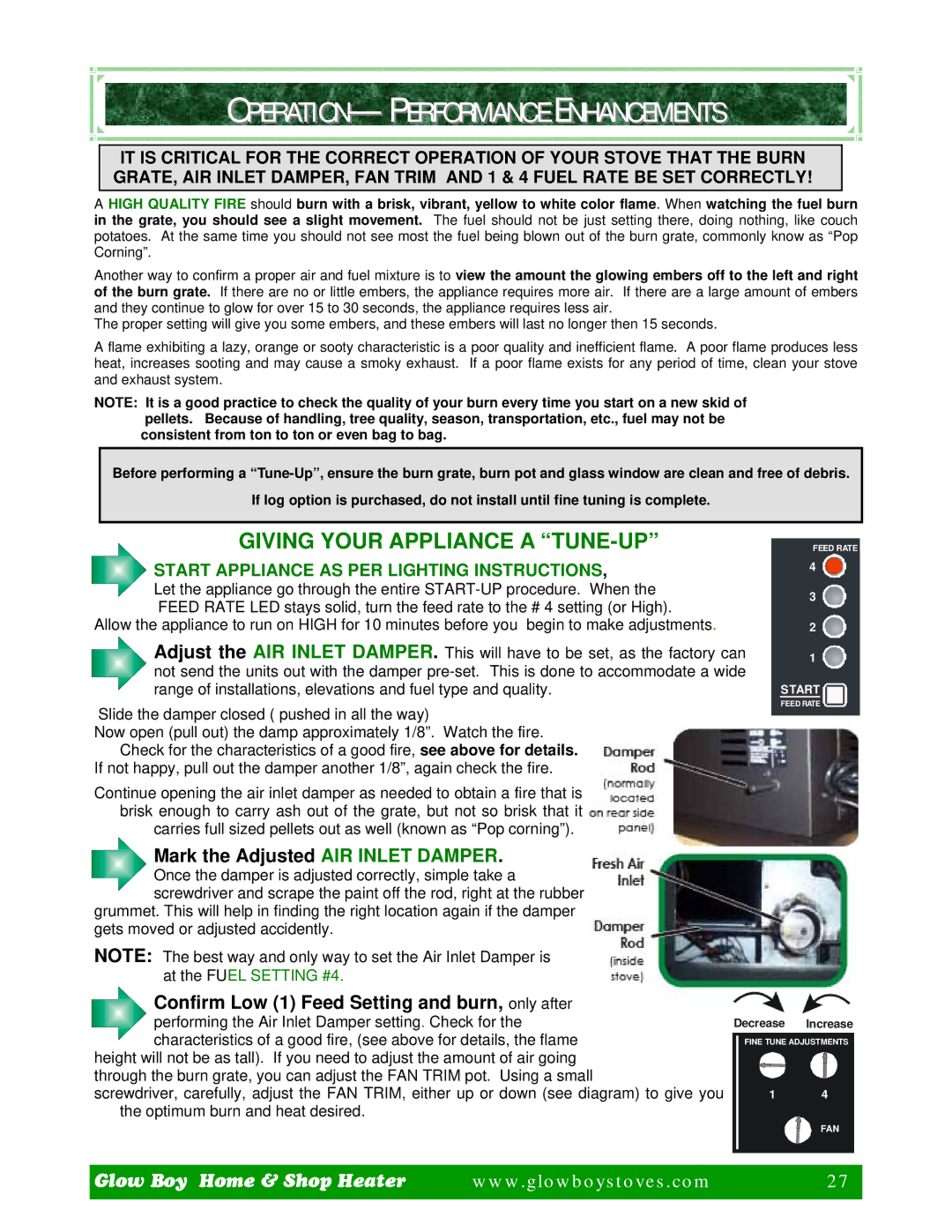 Dansons Group CCGB 1, CCGB 2 manual OPERATION- Performance Enhancements, Mark the Adjusted AIR Inlet Damper 