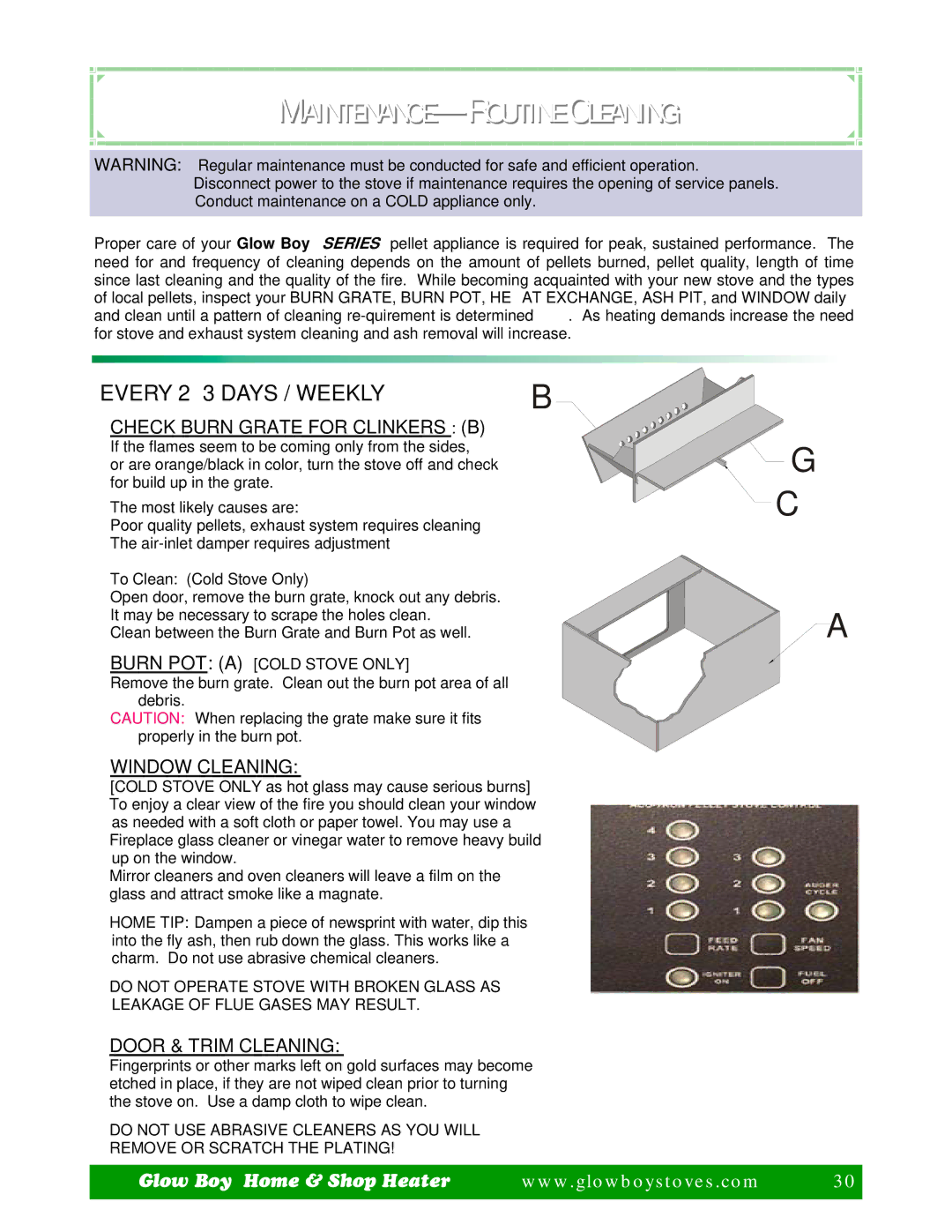 Dansons Group CCGB 2, CCGB 1 manual MAINTENANCE-ROUTINE Cleaning, Every 2 -3 Days / Weekly, Check Burn Grate for Clinkers B 