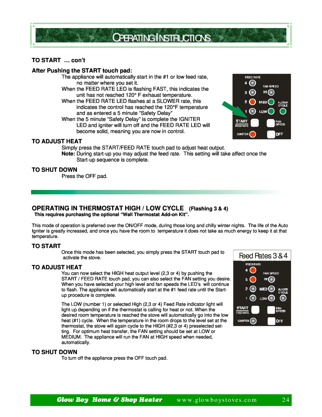Dansons Group CCGB 2 Operating Instructions, Feed Rates, TO START … con’t, After Pushing the START touch pad, To Shut Down 