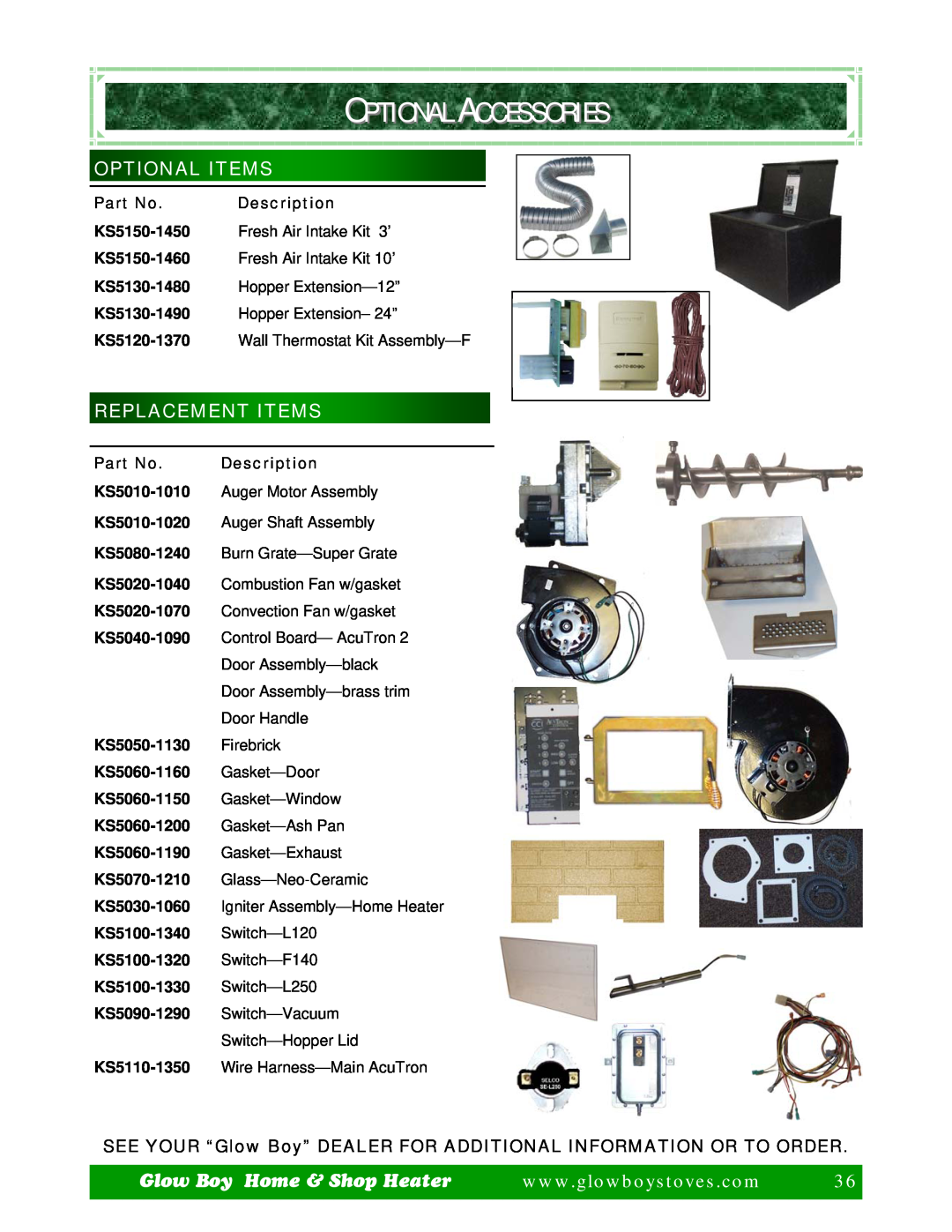 Dansons Group CCGB 2, CCGB 1 manual Optional Accessories, Optional Items, Replacement Items, Glow Boy Home & Shop Heater 