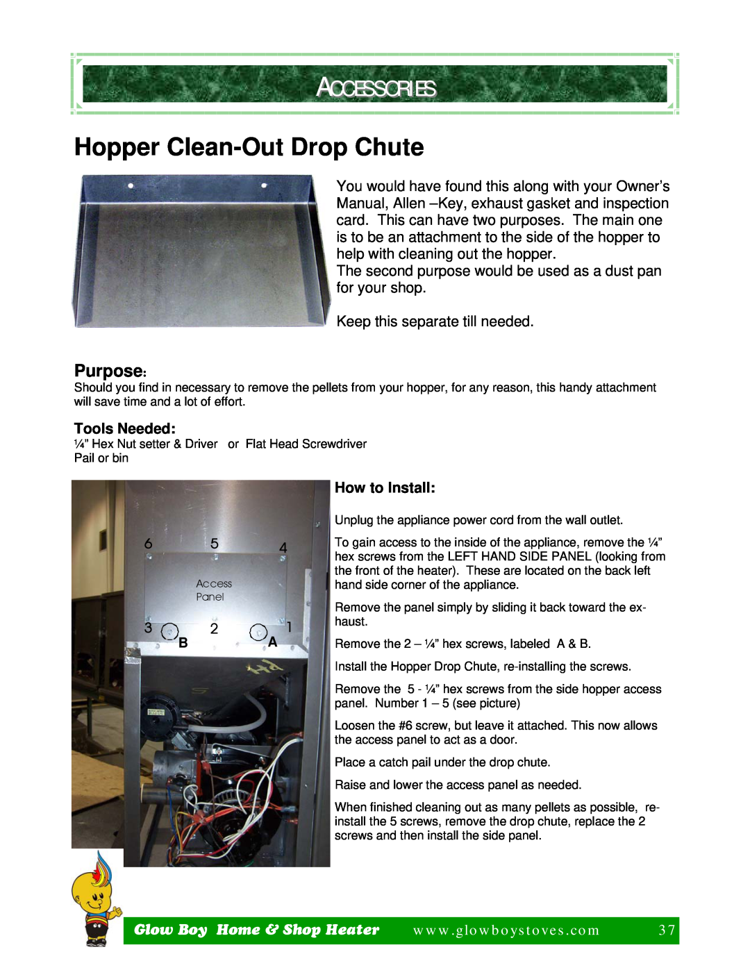 Dansons Group CCGB 1, CCGB 2 manual Accessories, Purpose, Tools Needed, How to Install, Hopper Clean-OutDrop Chute 