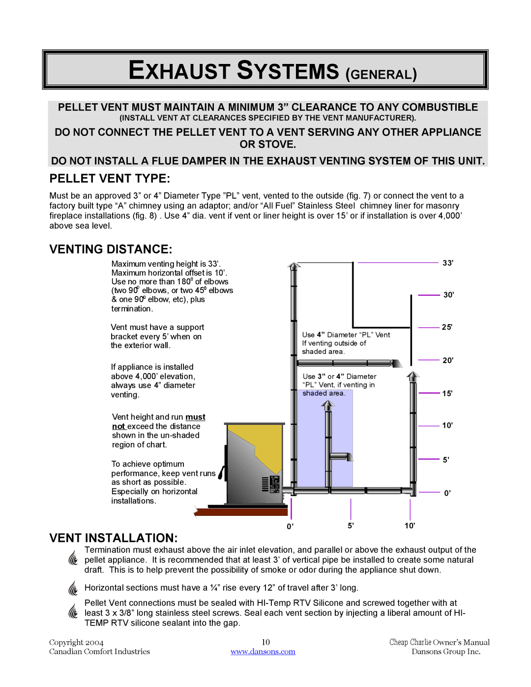 Dansons Group HCF300, HCF120, HCS, HCJ manual Exhaust Systems General, Pellet Vent Type, Venting Distance, Vent Installation 