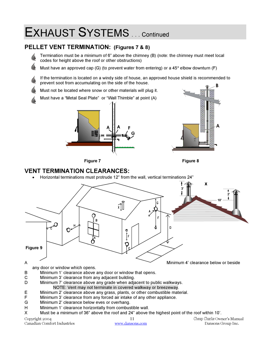 Dansons Group HCJ, HCF120, HCS, HCF300 manual Pellet Vent Termination Figures 7, Vent Termination Clearances 