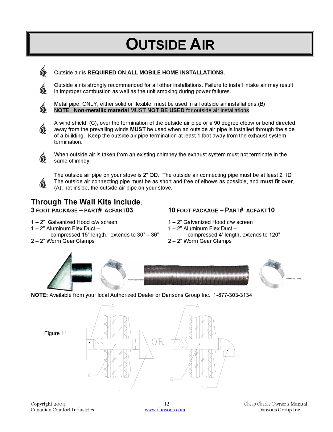 Dansons Group HCF120, HCS, HCF300, HCJ manual Outside AIR, Through The Wall Kits Include 