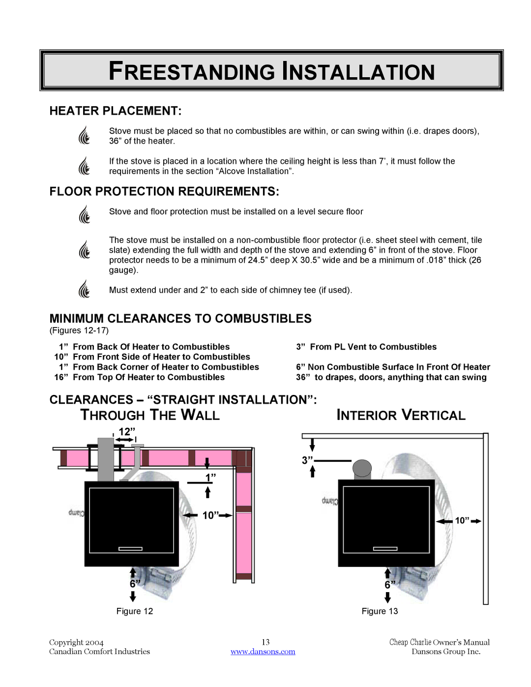 Dansons Group HCS, HCF120, HCF300, HCJ manual Freestanding Installation, Heater Placement, Floor Protection Requirements 