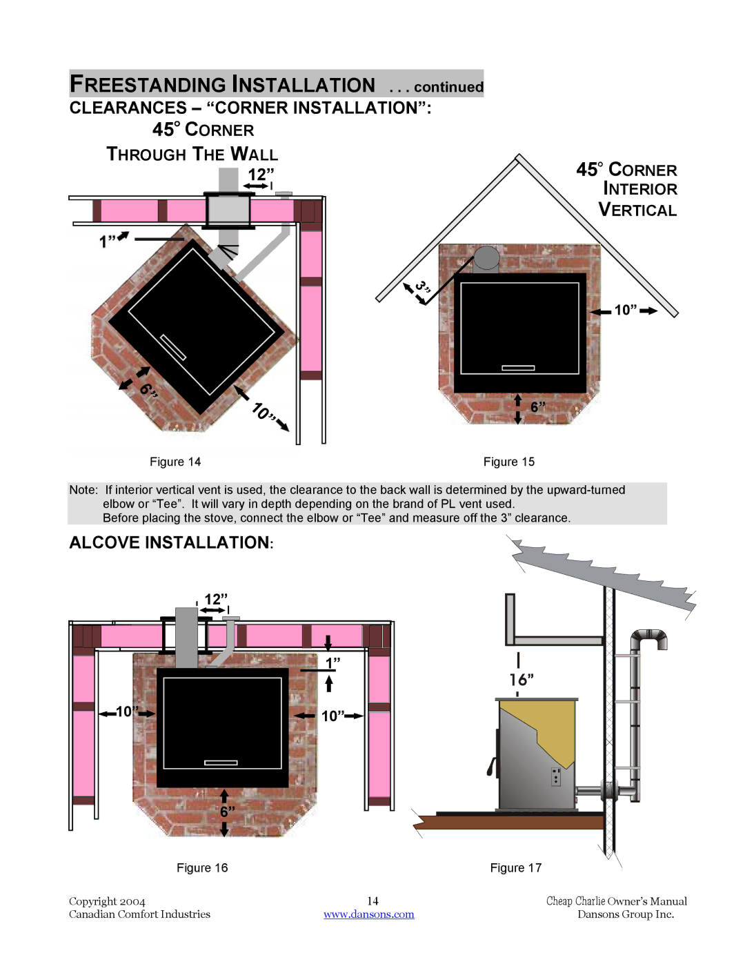 Dansons Group HCF300, HCF120, HCS, HCJ manual Clearances Corner Installation, Alcove Installation 