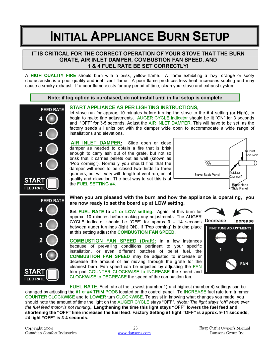 Dansons Group HCJ, HCF120, HCS, HCF300 manual Initial Appliance Burn Setup, Start 