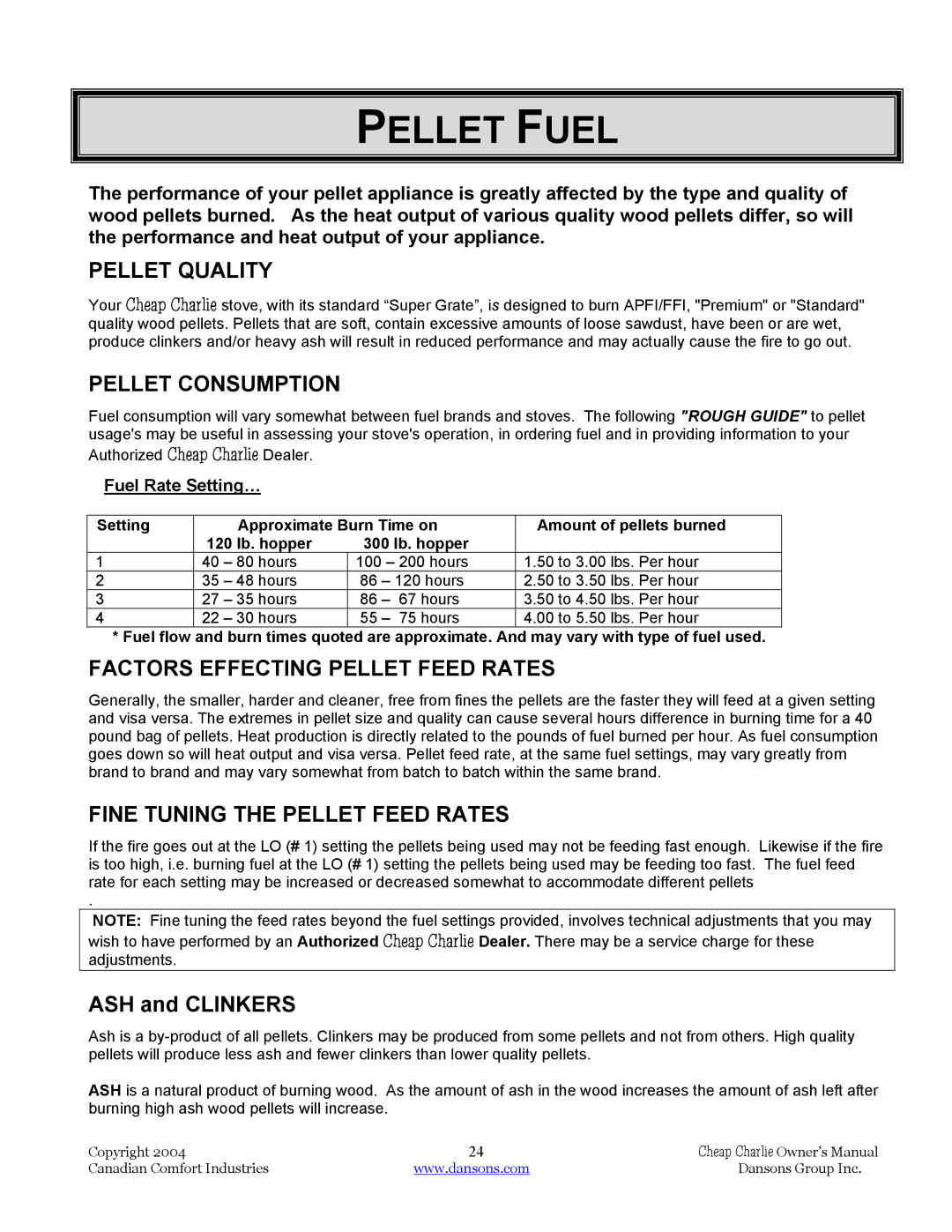 Dansons Group HCF120, HCS, HCF300, HCJ Pellet Fuel, Pellet Quality, Pellet Consumption, Factors Effecting Pellet Feed Rates 