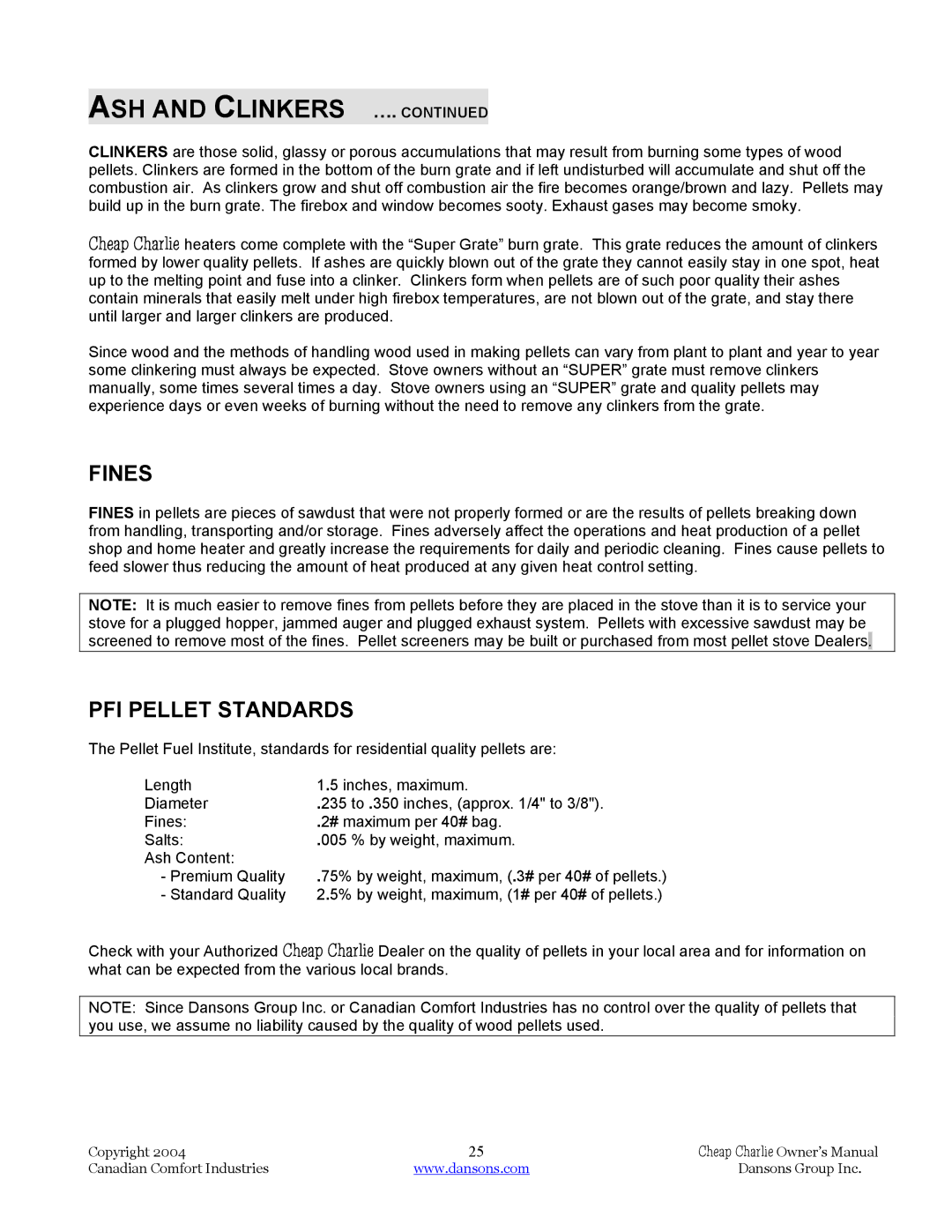 Dansons Group HCS, HCF120, HCF300, HCJ manual Fines, PFI Pellet Standards 