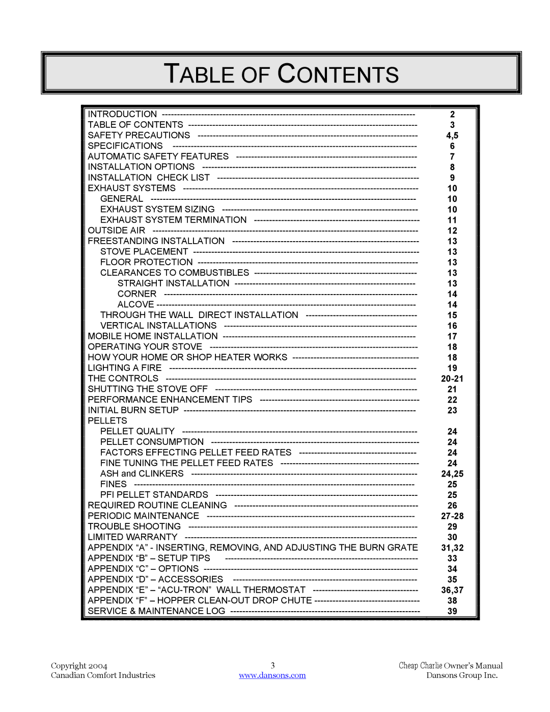 Dansons Group HCJ, HCF120, HCS, HCF300 manual Table of Contents 