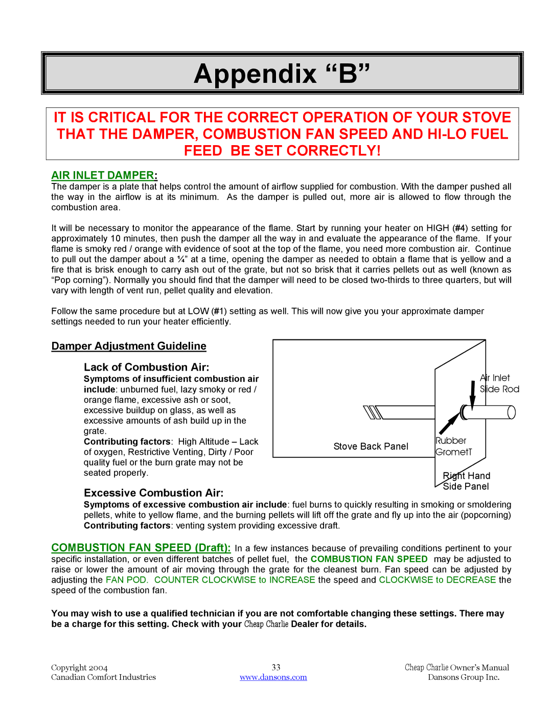 Dansons Group HCS, HCF120, HCF300, HCJ manual Appendix B, Damper Adjustment Guideline Lack of Combustion Air 