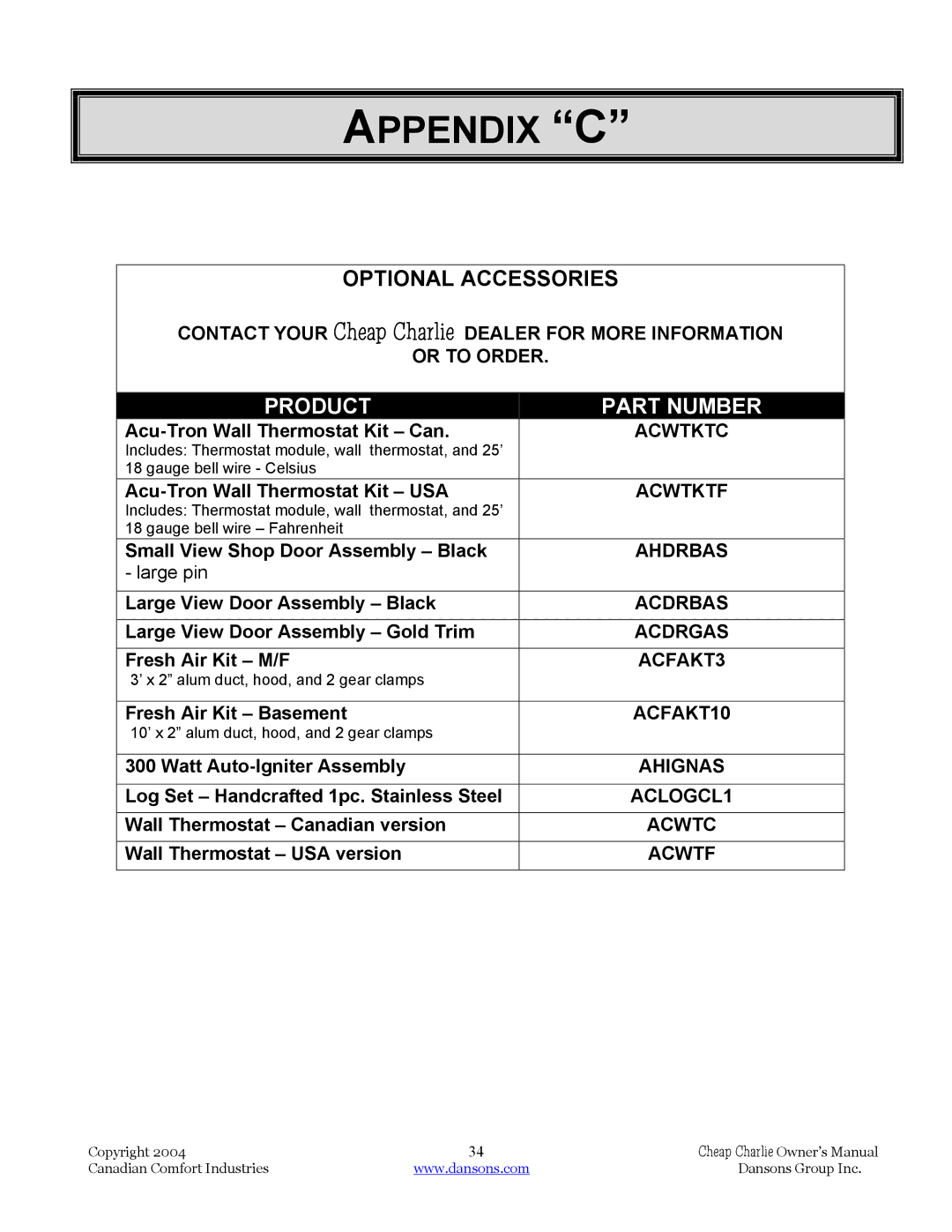 Dansons Group HCF300, HCF120, HCS, HCJ manual Appendix C, Optional Accessories 