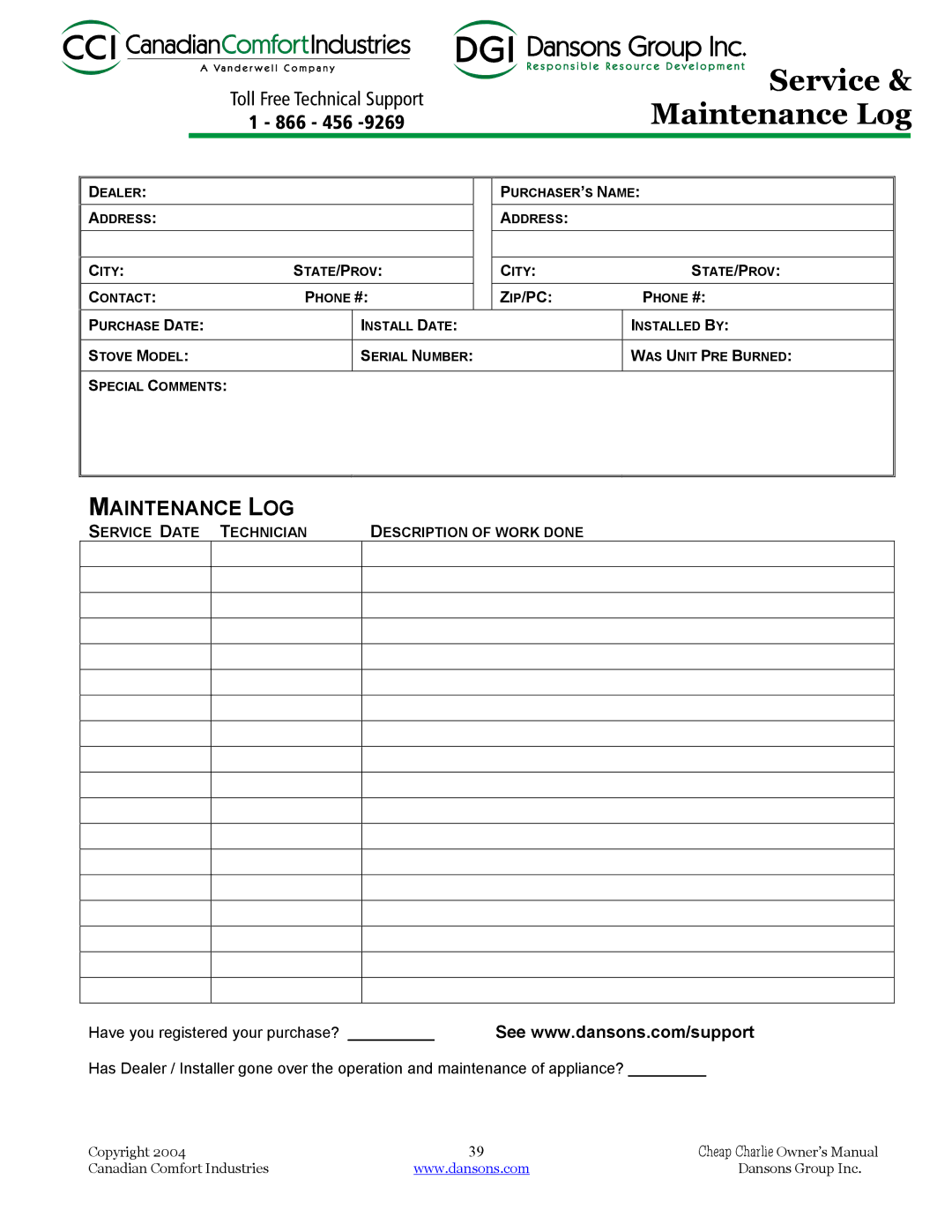 Dansons Group HCJ, HCF120, HCS, HCF300 manual Service & Maintenance Log 